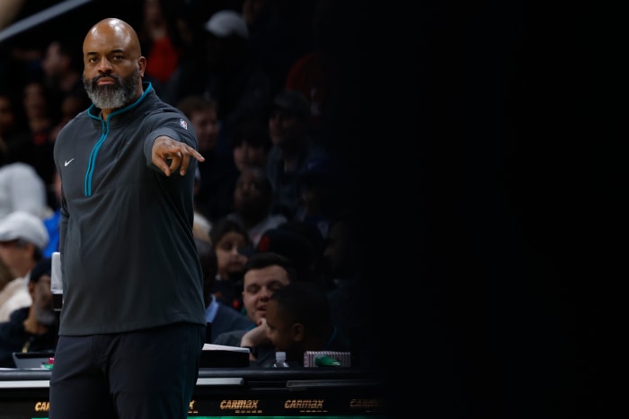 Washington Wizards head coach Wes Unseld Jr. gestures from the bench against the Orlando Magic in the second quarter at Capital One Arena.